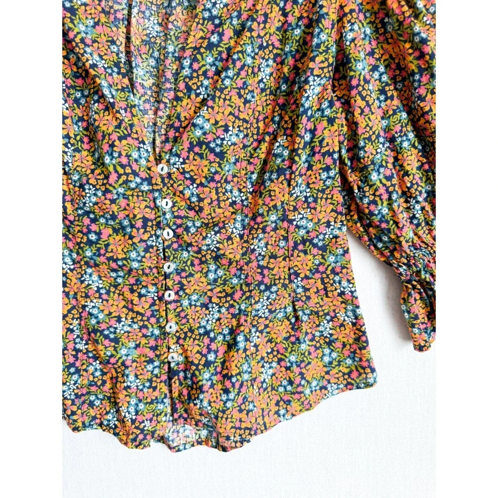 Free People I Found You‎ Floral Puff Sleeve Blouse Navy Orange Small S/P